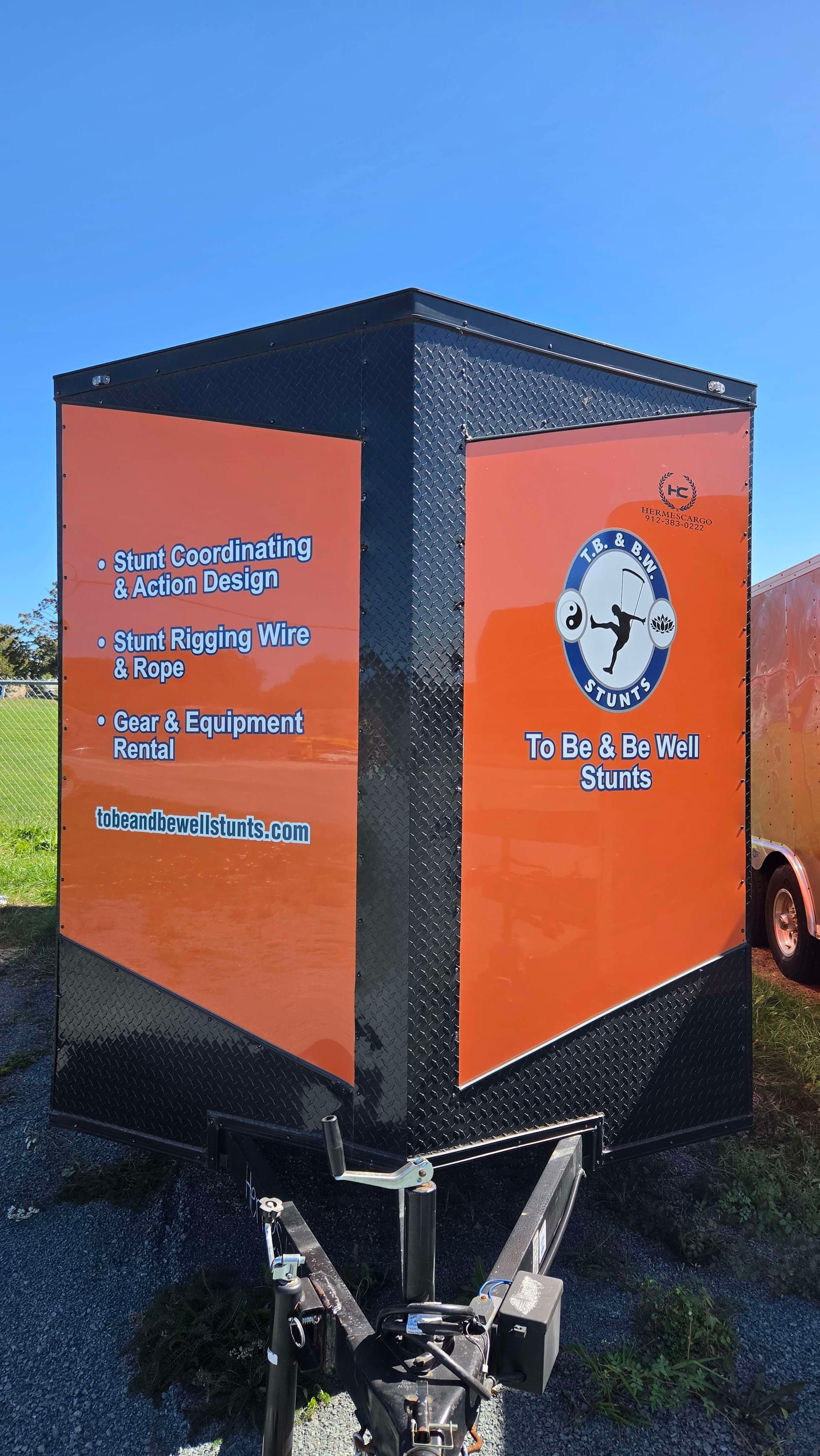 T.B. & B.W. Stunts equipment trailer signed for stunt coordinating, stunt rigging, and gear rental